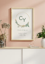 Hochzeitsposter personalisierbar Kreis mit Initialen an rosa Wan