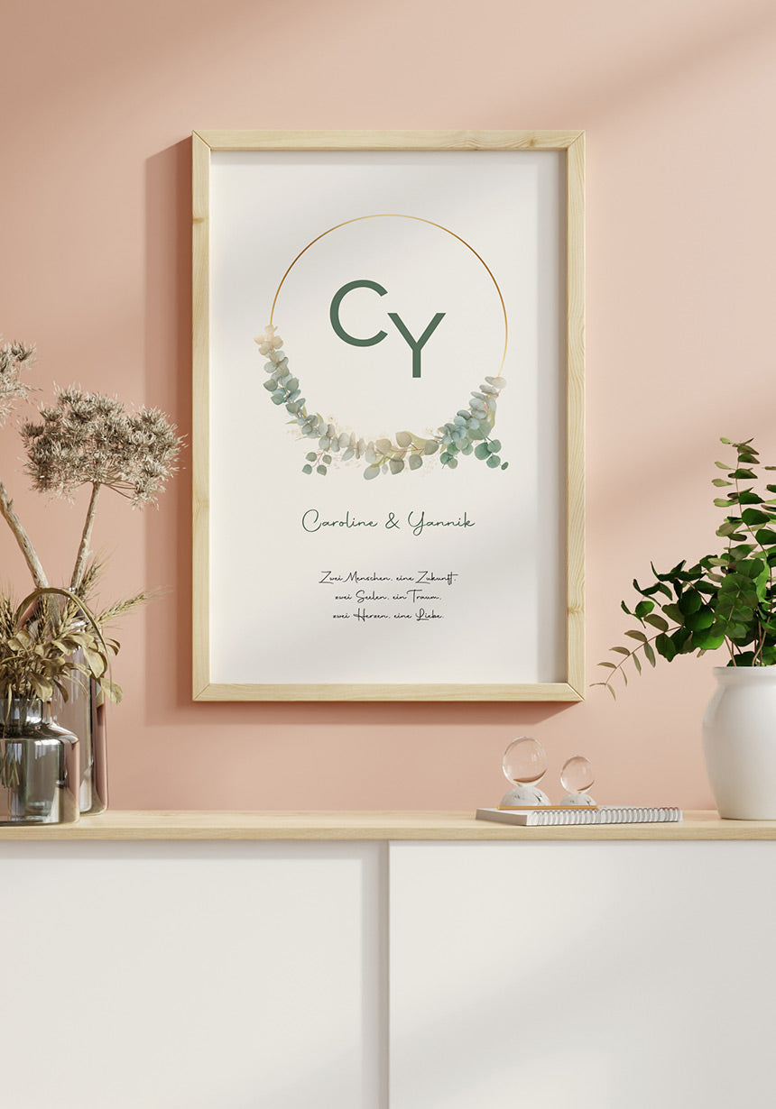 Hochzeitsposter personalisierbar Kreis mit Initialen an rosa Wan