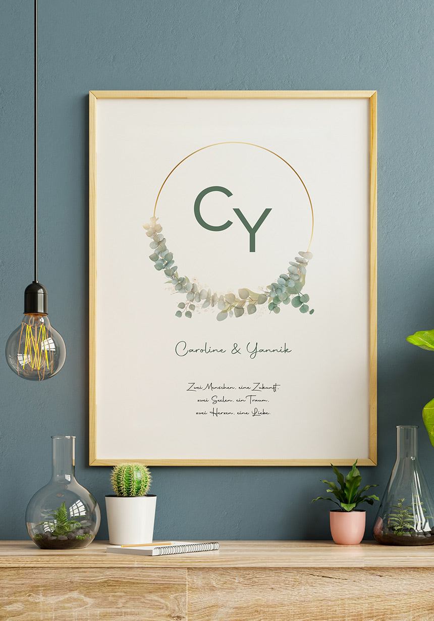 Hochzeitsposter personalisierbar Kreis mit Initialen im Holzrahmen