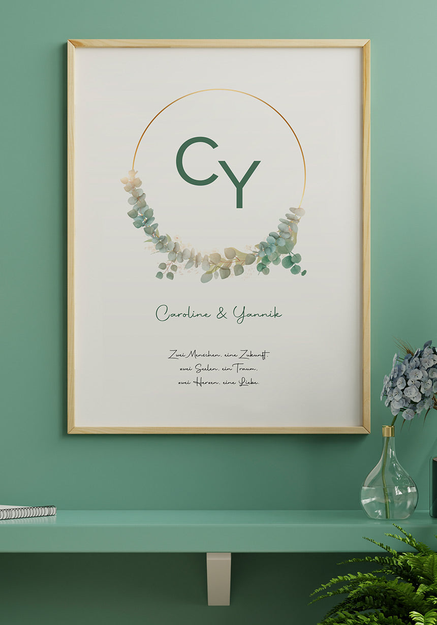 Hochzeitsposter personalisierbar Kreis mit Initialen im Wohnzimmer
