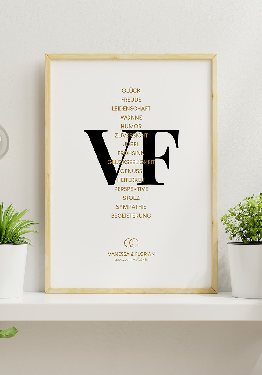 personalisiertes Paar  Poster Hochzeit Liste mit Eigenschaften vor weißer Wand