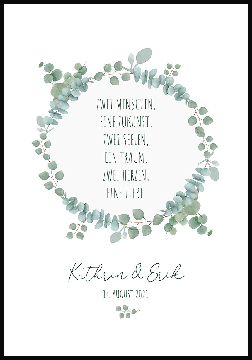 personalisiertes Poster Hochzeit mit Spruch im Eukalyptuskranz