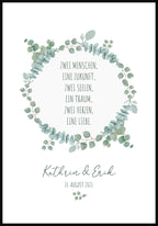 personalisiertes Poster Hochzeit mit Spruch im Eukalyptuskranz