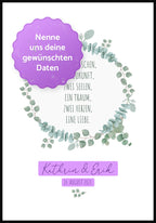 personalisiertes Poster Hochzeit mit Spruch im Eukalyptuskranz Details