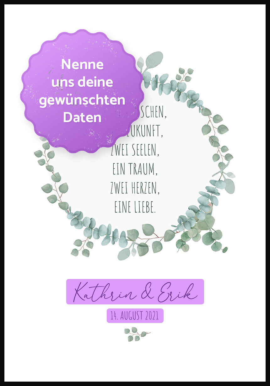 personalisiertes Poster Hochzeit mit Spruch im Eukalyptuskranz Details