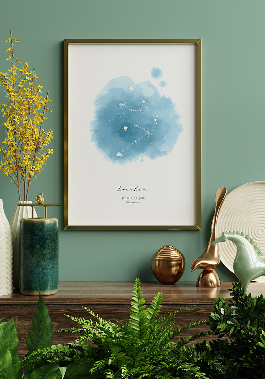 Personalisierbares Poster Sternzeichen, Name und Geburtsdatum im goldenen Rahmen