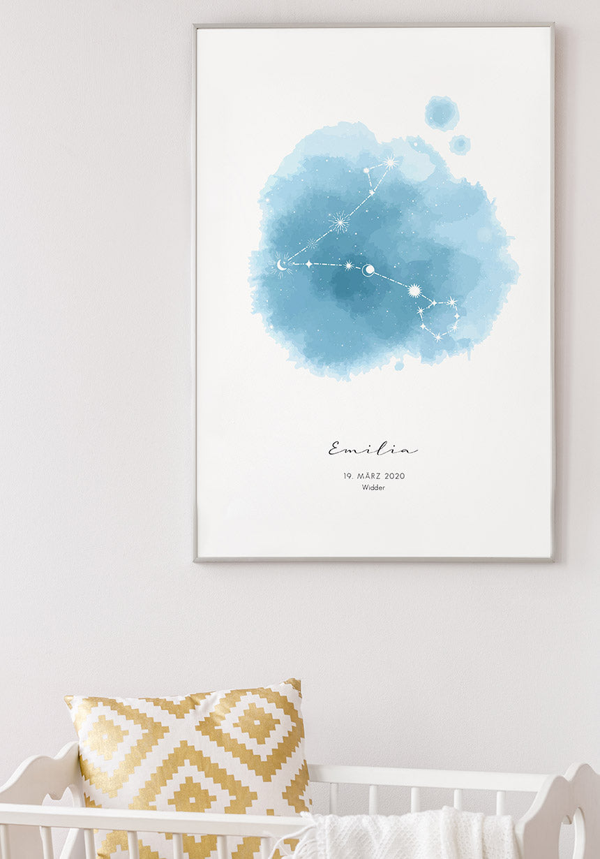 Personalisierbares Poster Sternzeichen, Name und Geburtsdatum über Kinderbett