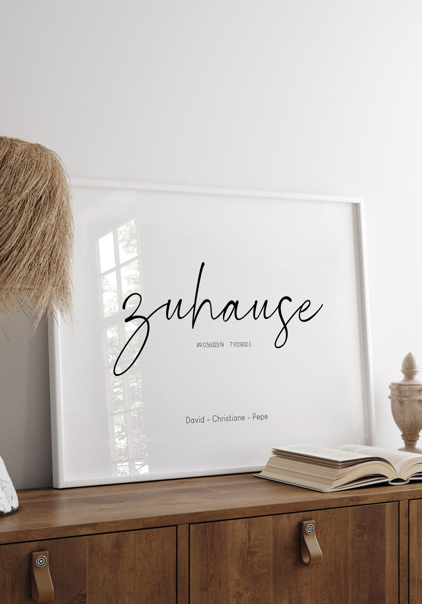 Personalisiertes Poster Zuhause mit Koordinaten und Namen Familie
