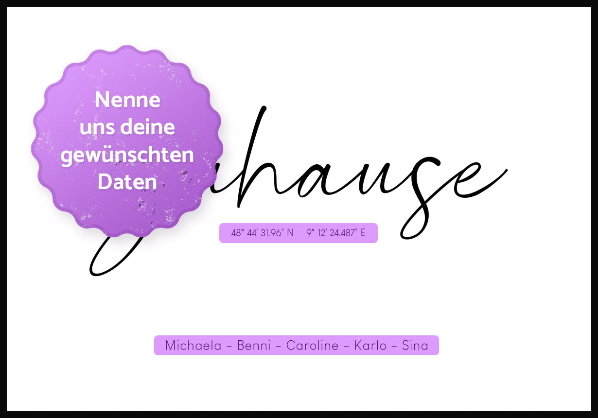 Personalisiertes Poster Zuhause mit Koordinaten und Namen personalisierbare Details