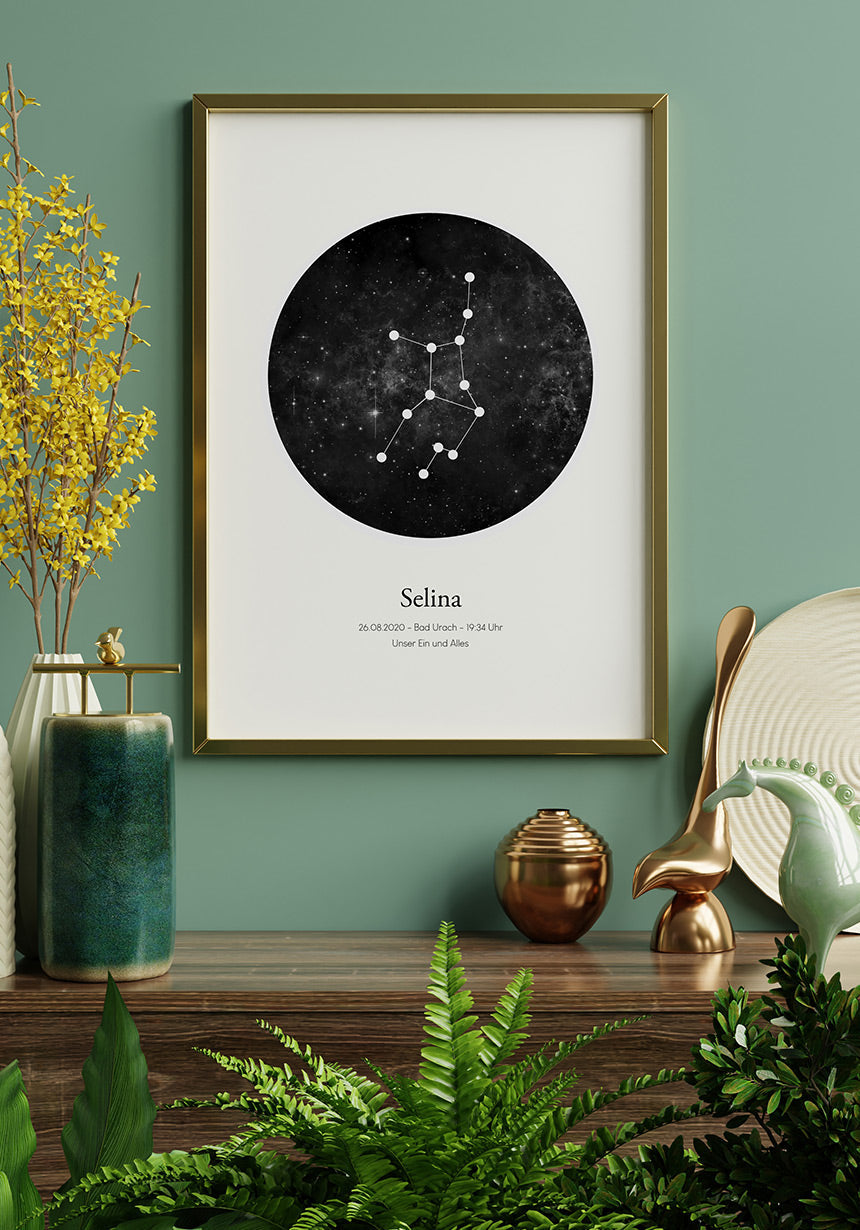 personalisierbares Sternzeichen Poster mit Kreis und Name an der Wand
