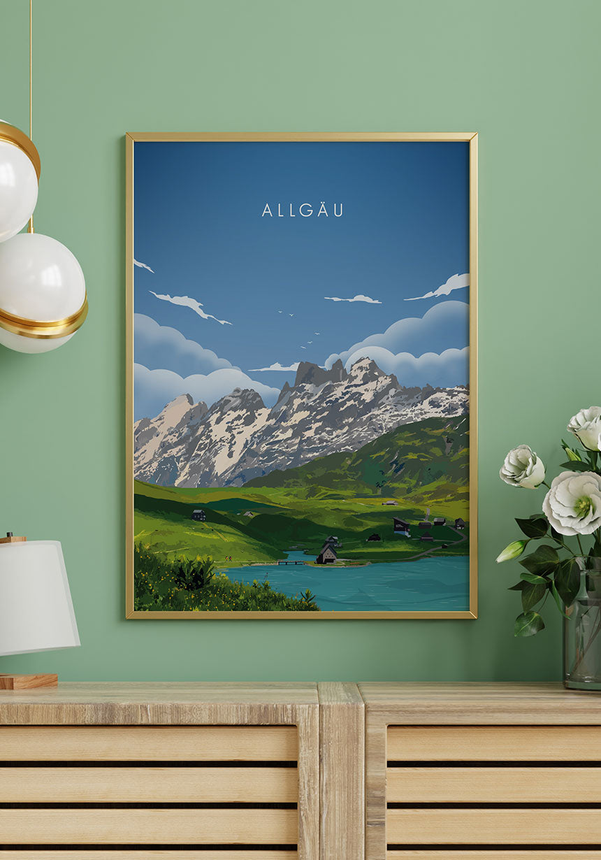 Illustrated Poster Allgäu with Bergen Wanddeko