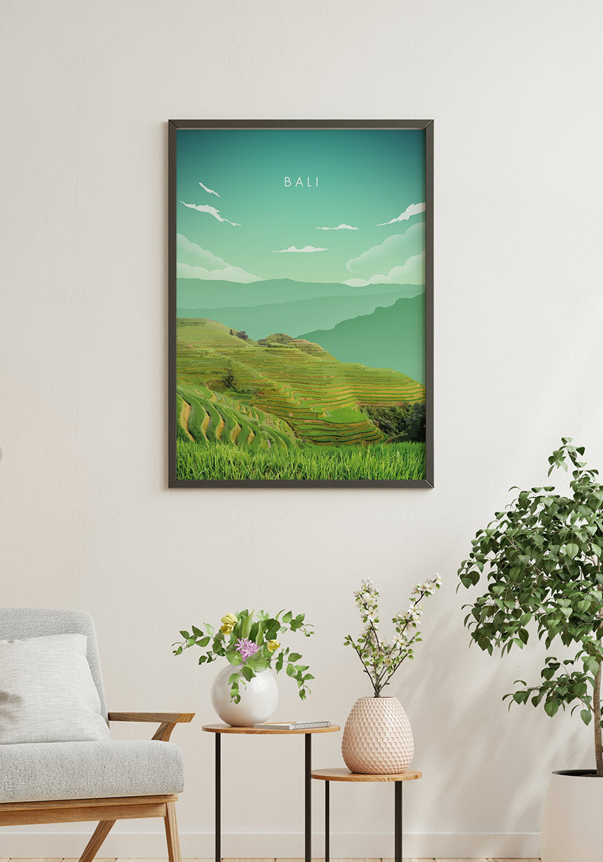 Illustrated poster Bali rice terraces drawing