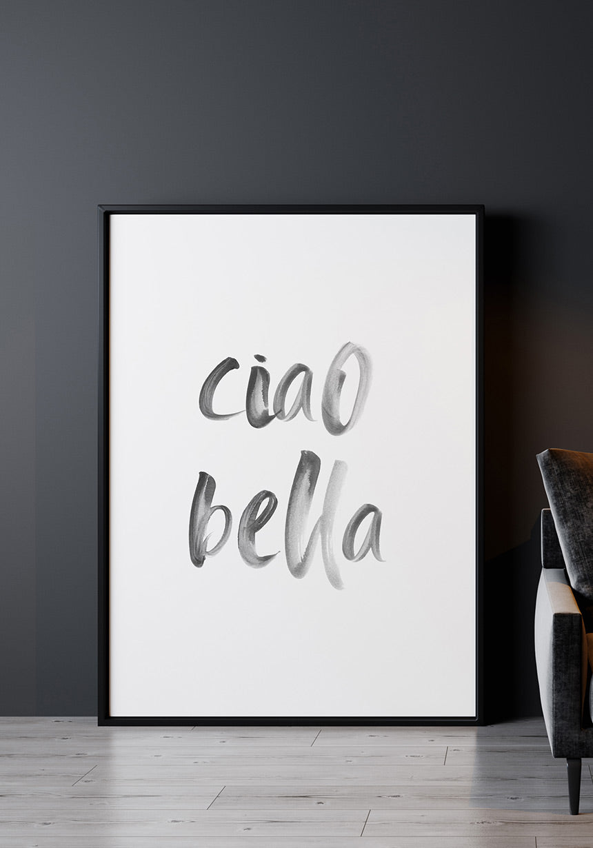 Poster Ciao Bella Typography Brush in black frame