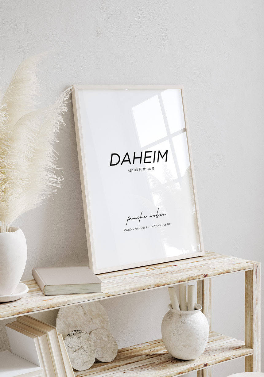 Poster Daheim mit Familiennnamen und Koordinaten für Zuhause