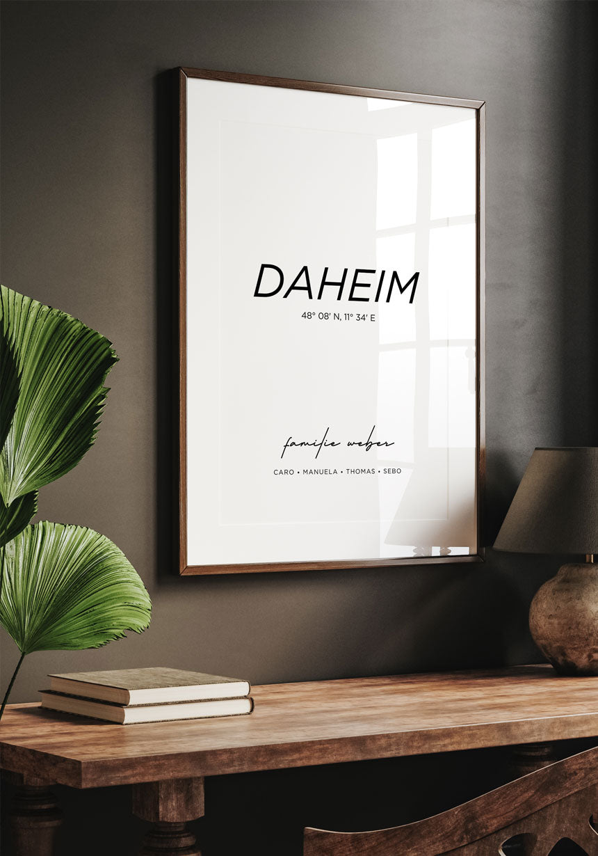 Poster Daheim mit Familiennnamen und Koordinaten als Geschenk