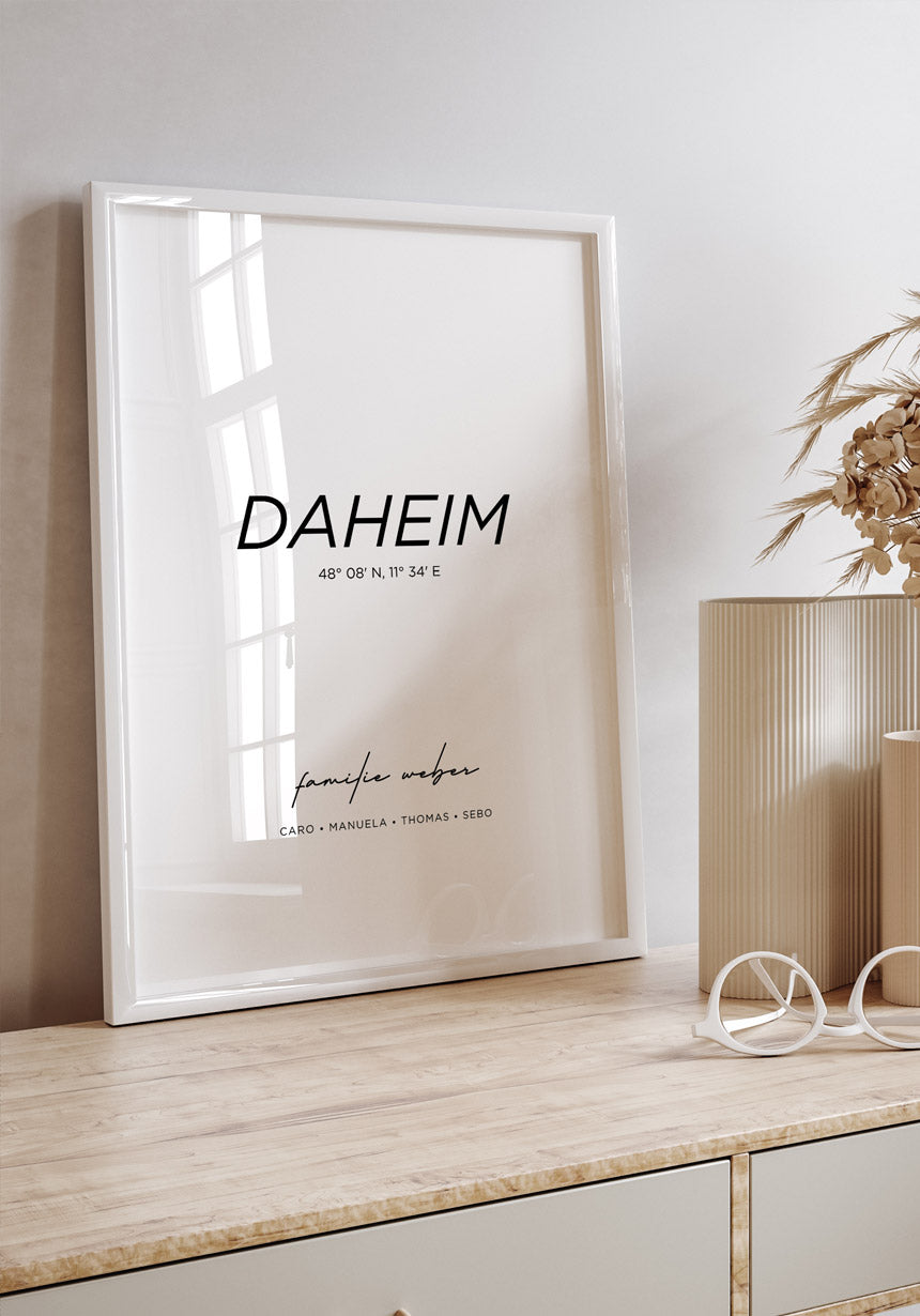 Poster Daheim mit Familiennnamen und Koordinaten