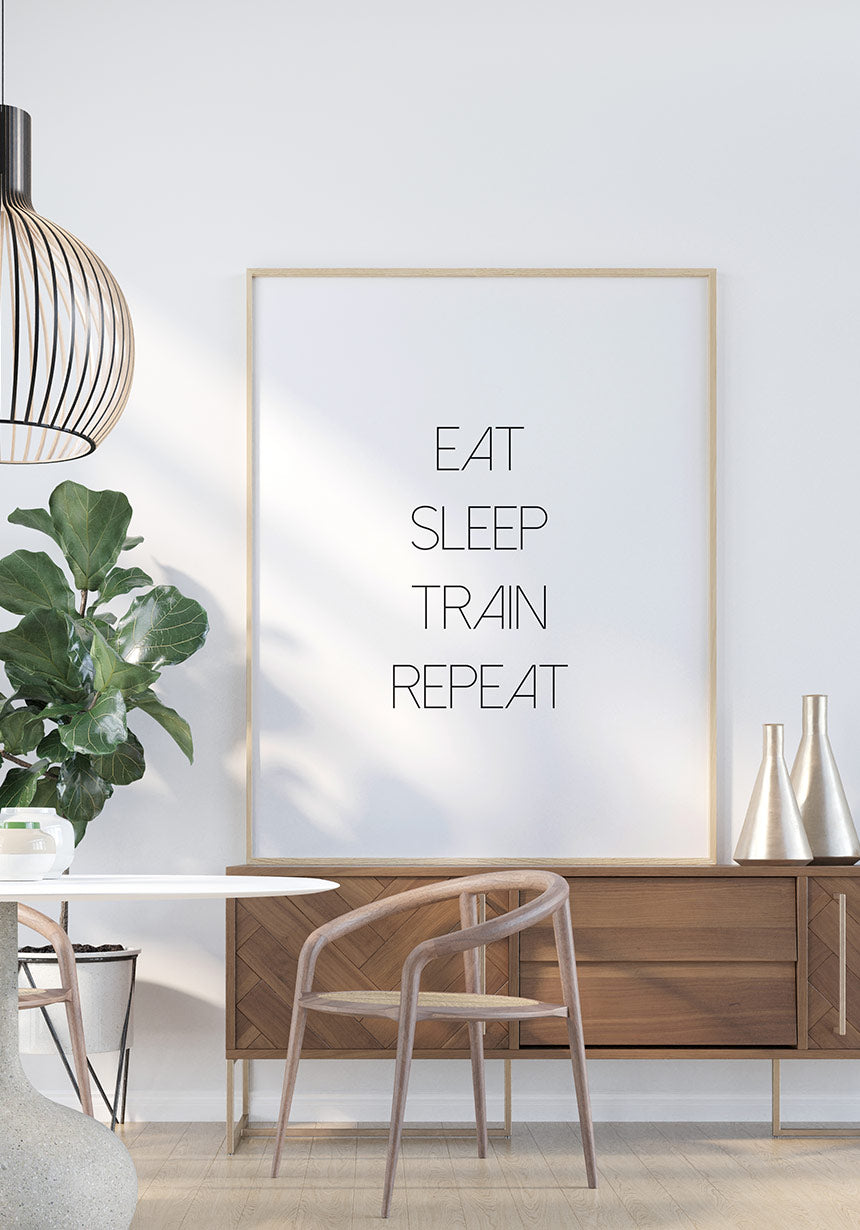 personalisierbares Poster eat sleep repeat im Wohnzimmer