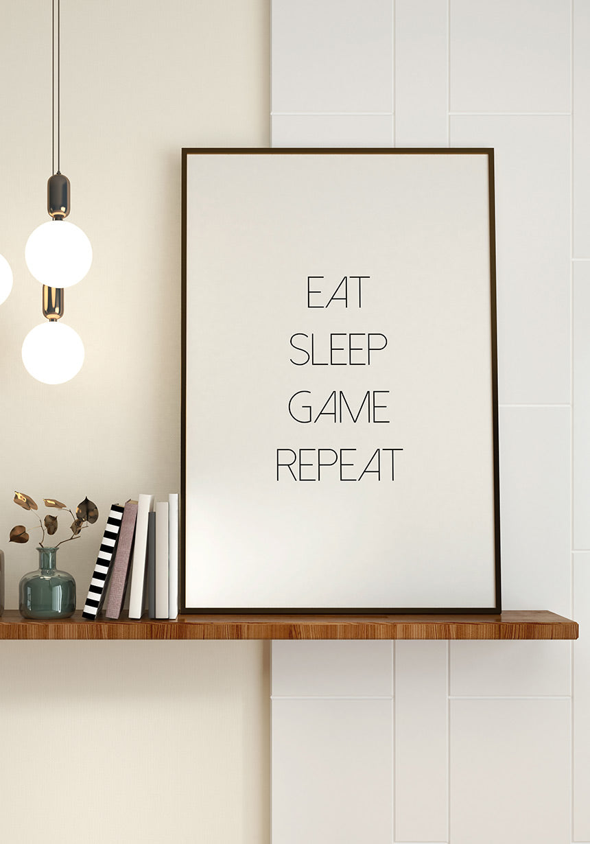 personalisierbares Poster eat sleep repeat auf dem Regal