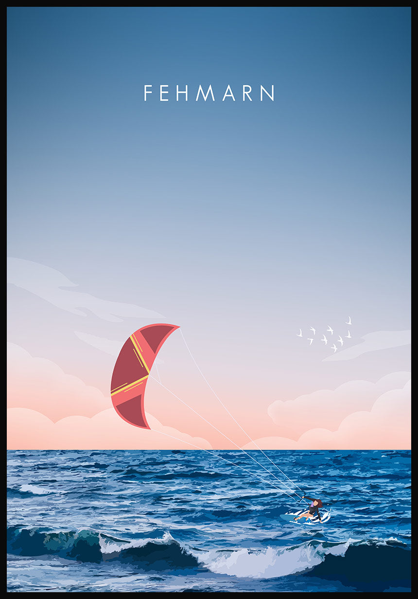 Illustrated poster Fehmarn with kitesurfer
