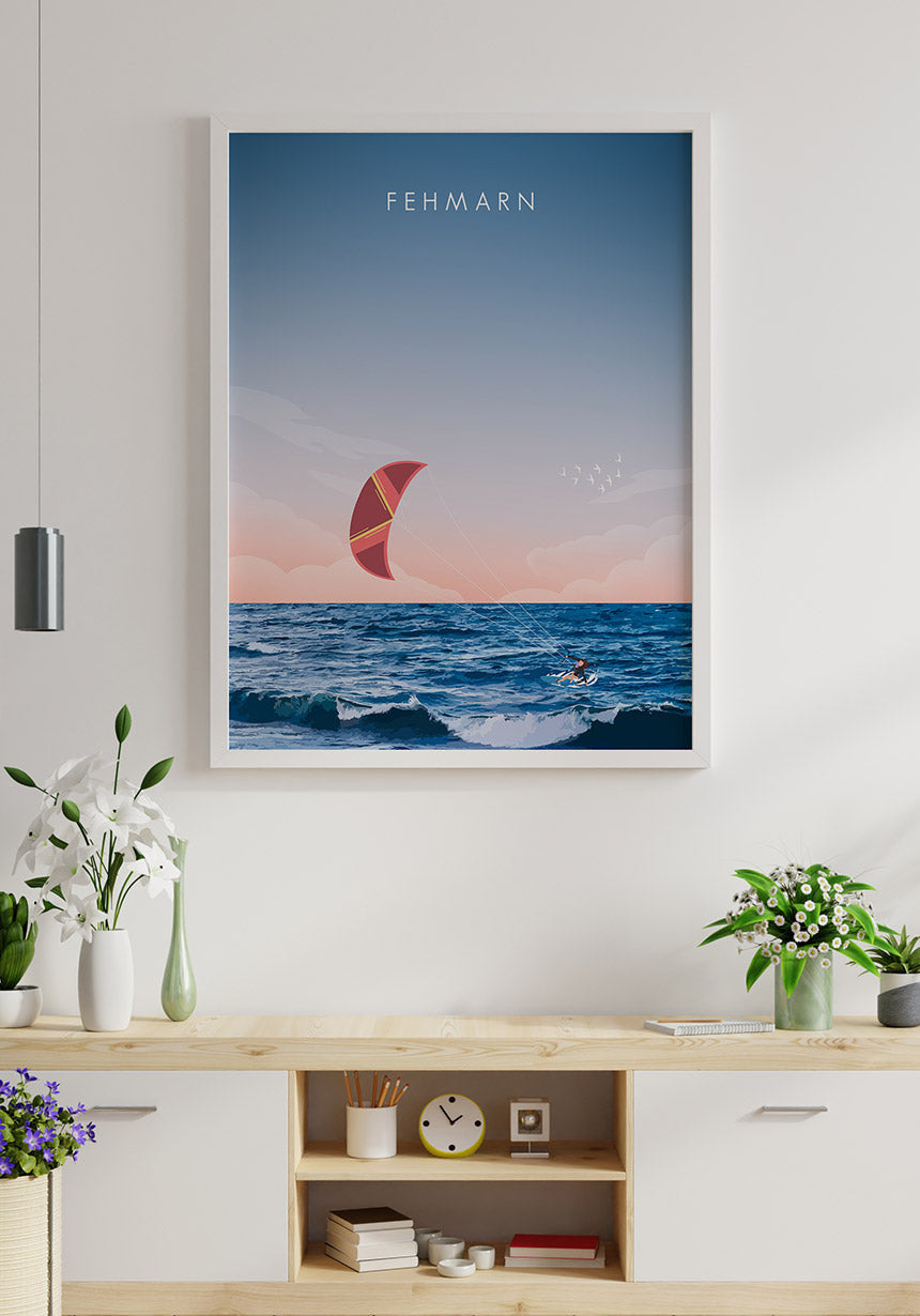 Illustrated poster Fehmarn with kitesurfer