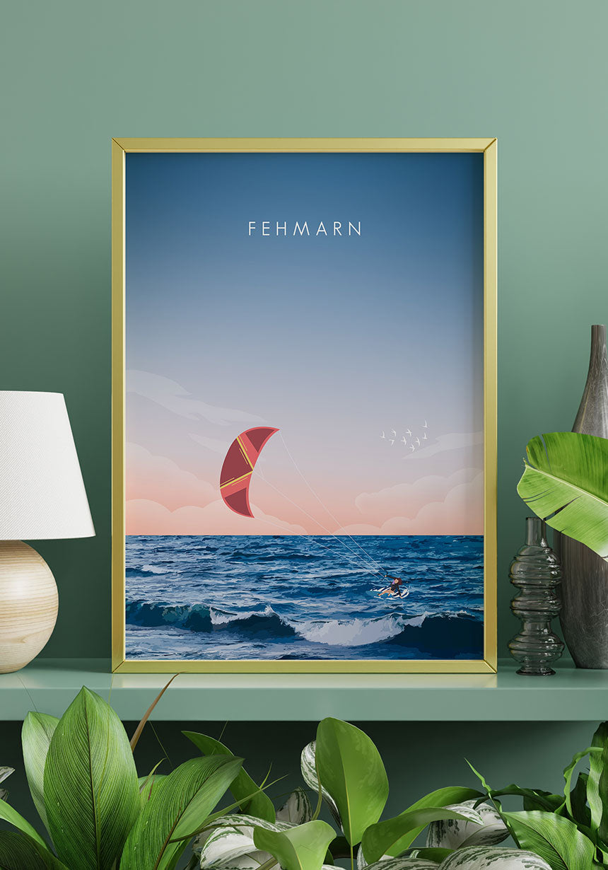 Illustrated Poster Fehmarn with Kitesurfer for Home