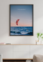 Illustrated poster Fehmarn with kitesurfer living room