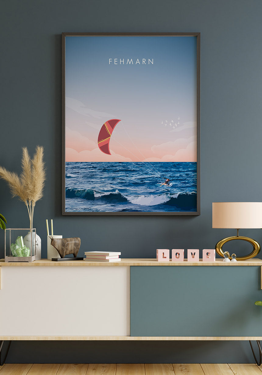Illustrated Poster Fehmarn with Kitesurfer as a gift