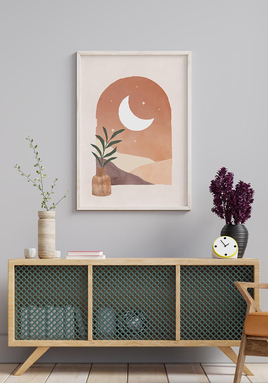 Poster window with half moon luna e sole in white frame