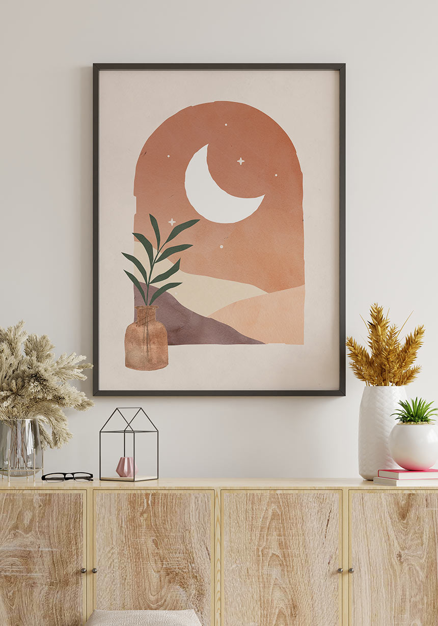 Poster window with half moon luna e sole over sideboard