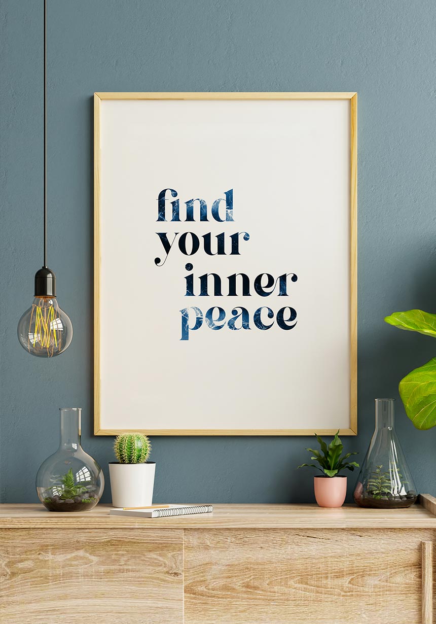 Poster find your inner peace typography in wooden frame
