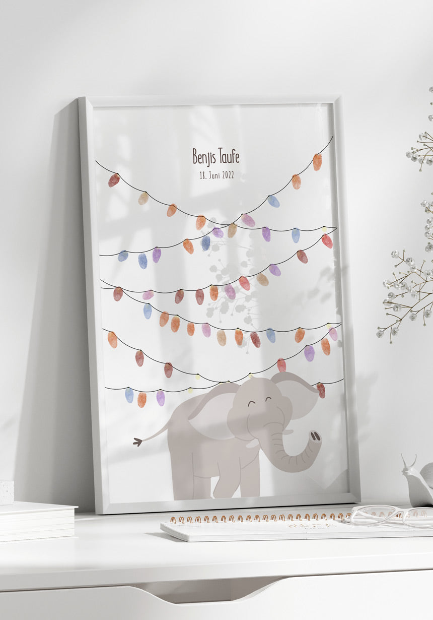 Personalisierbares Fingerabdruck-Poster Elefant im Rahmen