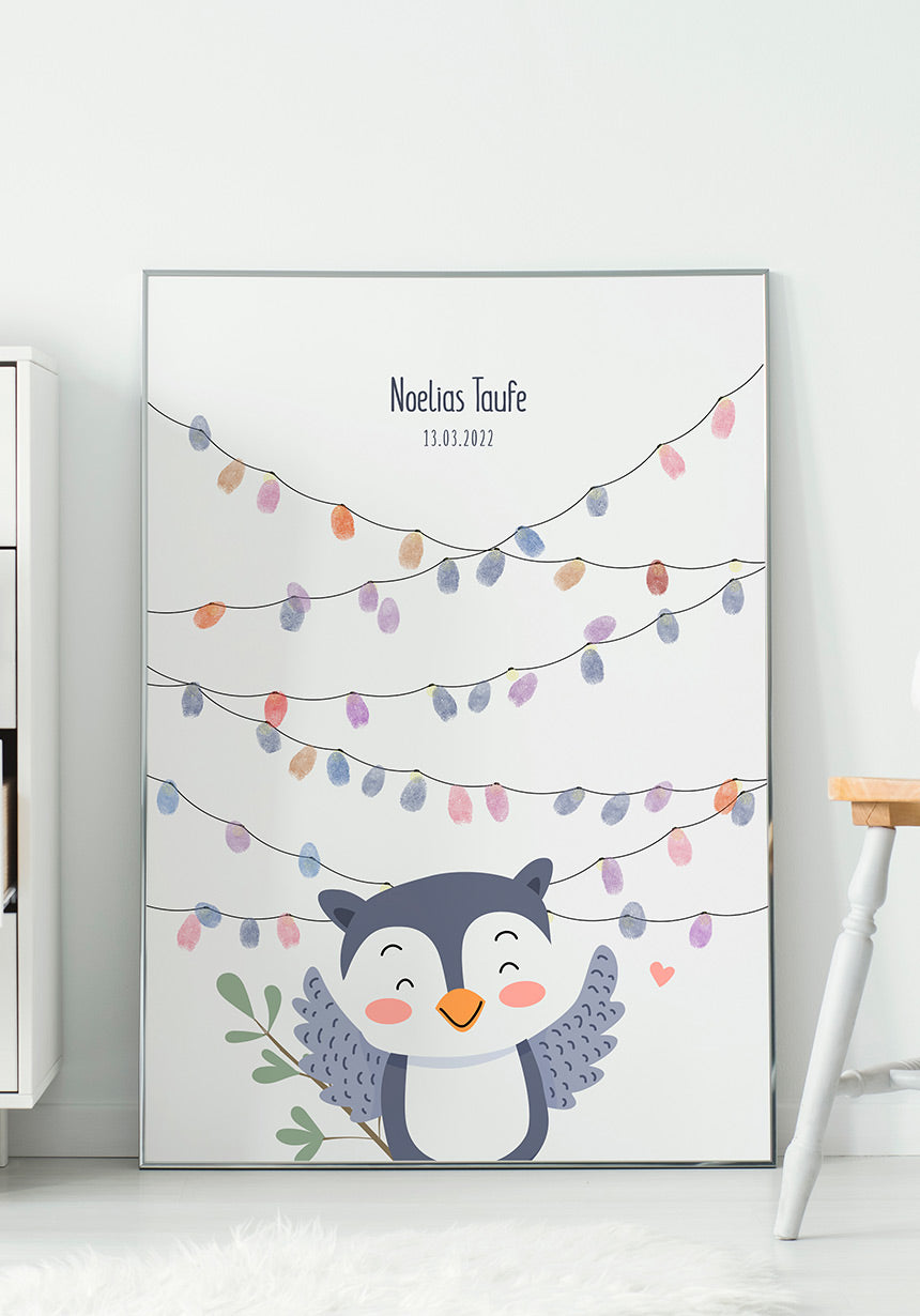 Poster Fingerabdruck Taufe Eule am Boden