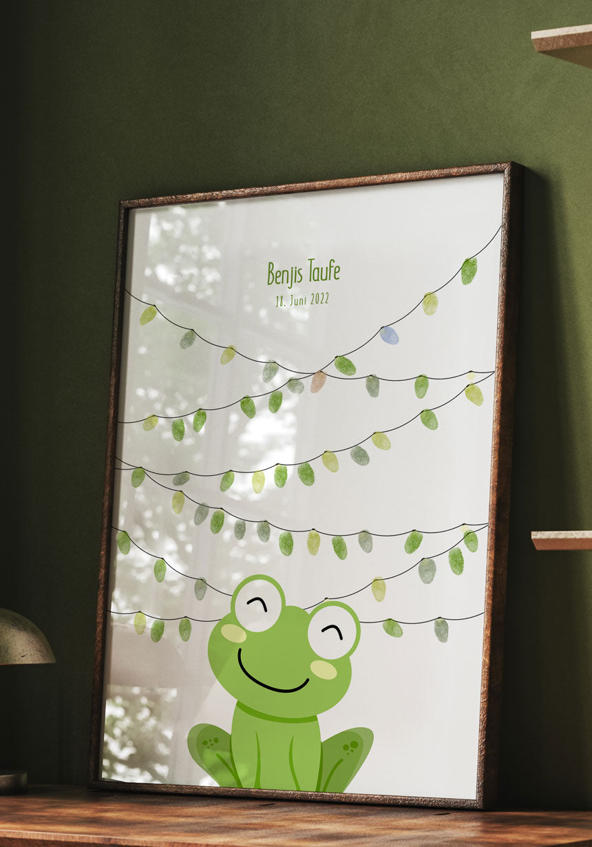 Personalisierbares Fingerabdruck-Poster Frosch mit Girlande