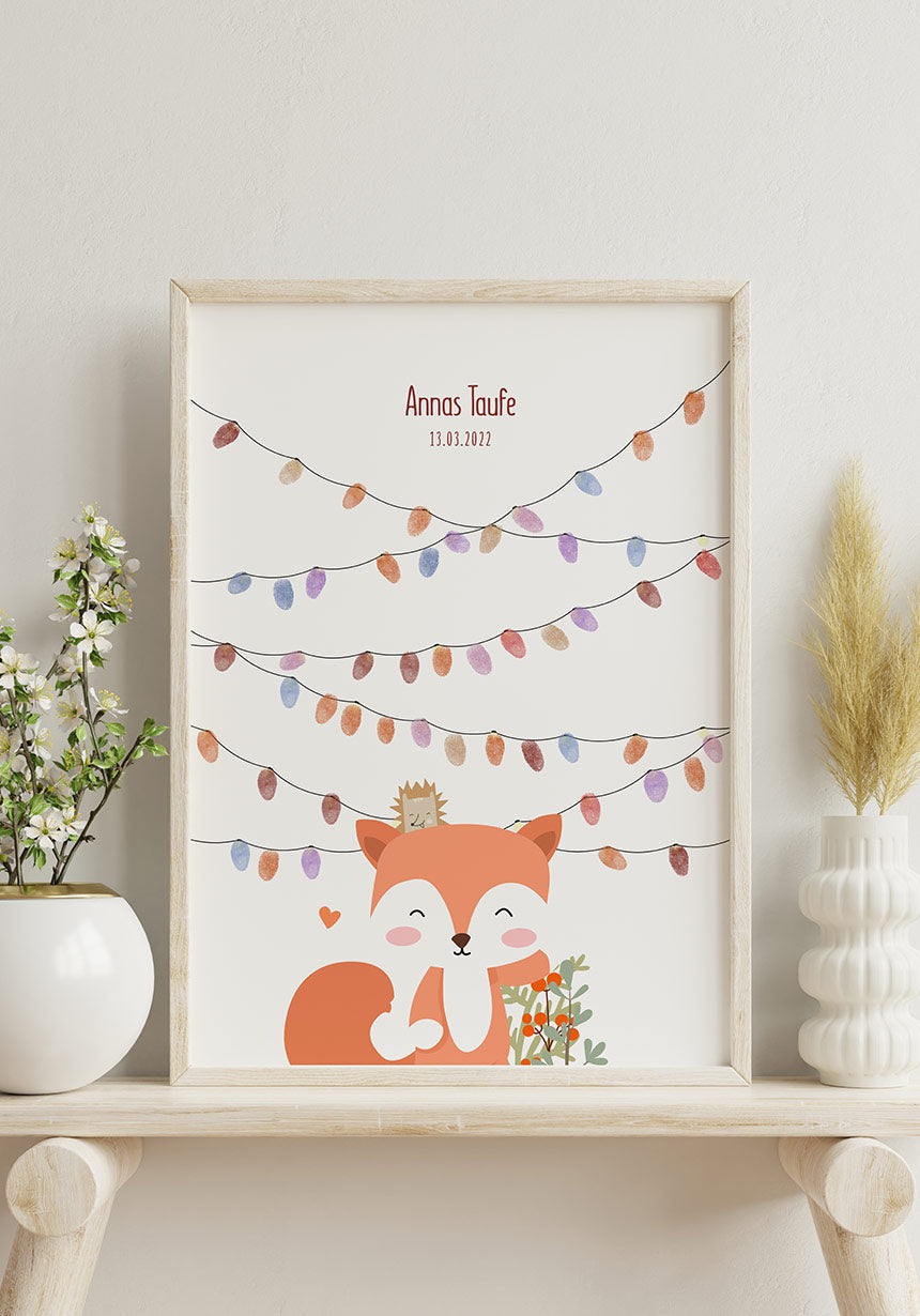 Poster Fingerabdruck Taufe mit Fuchs im Holzrahmen