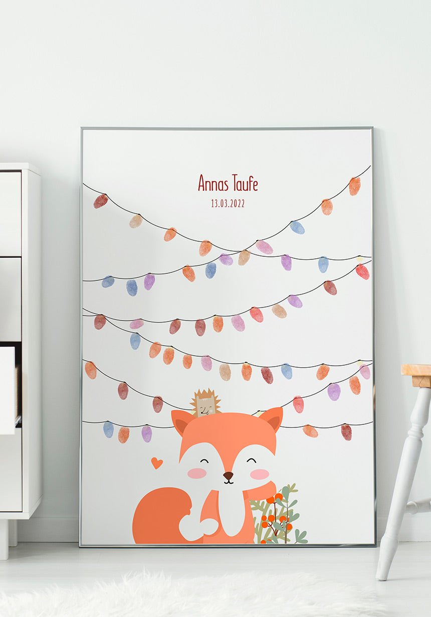 Poster Fingerabdruck Taufe mit Fuchs im silbernen Rahmen