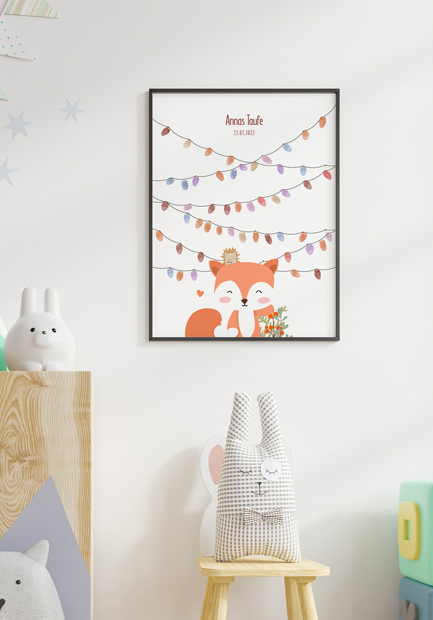 Poster Fingerabdruck Taufe mit Fuchs an weißer Wand