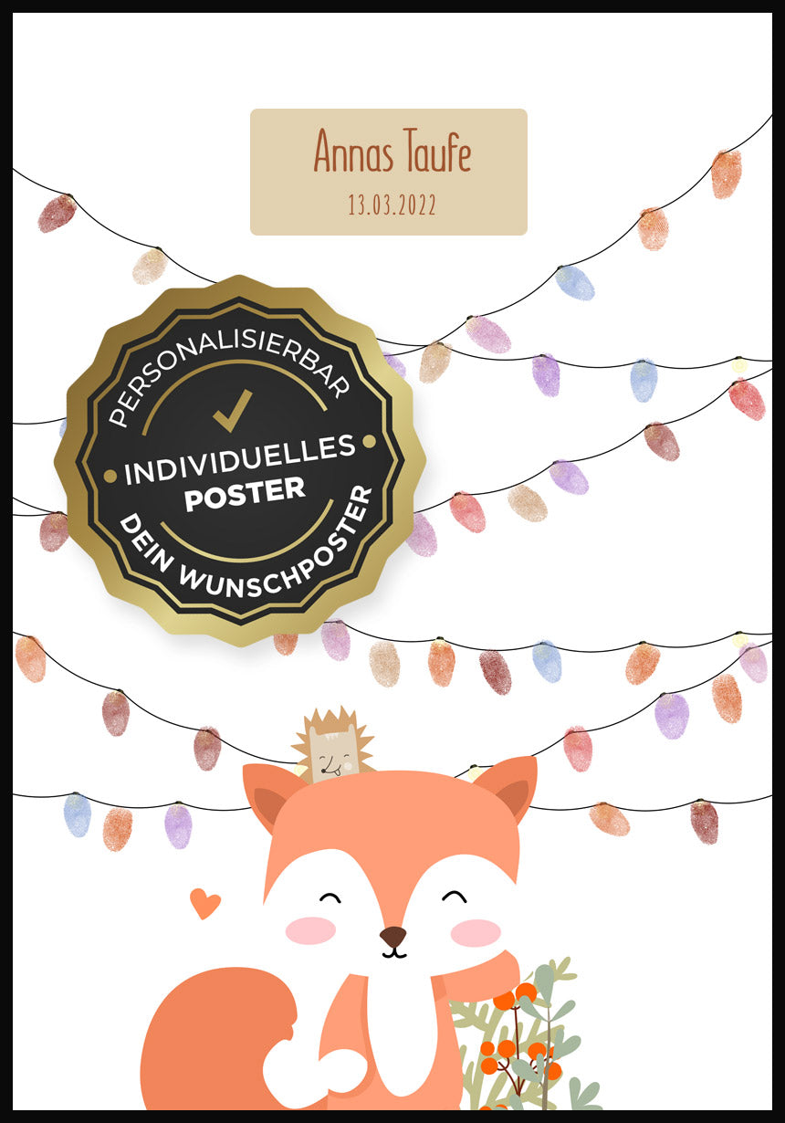 Poster Fingerabdruck Taufe mit Fuchs mit personalisierbaren Flächen