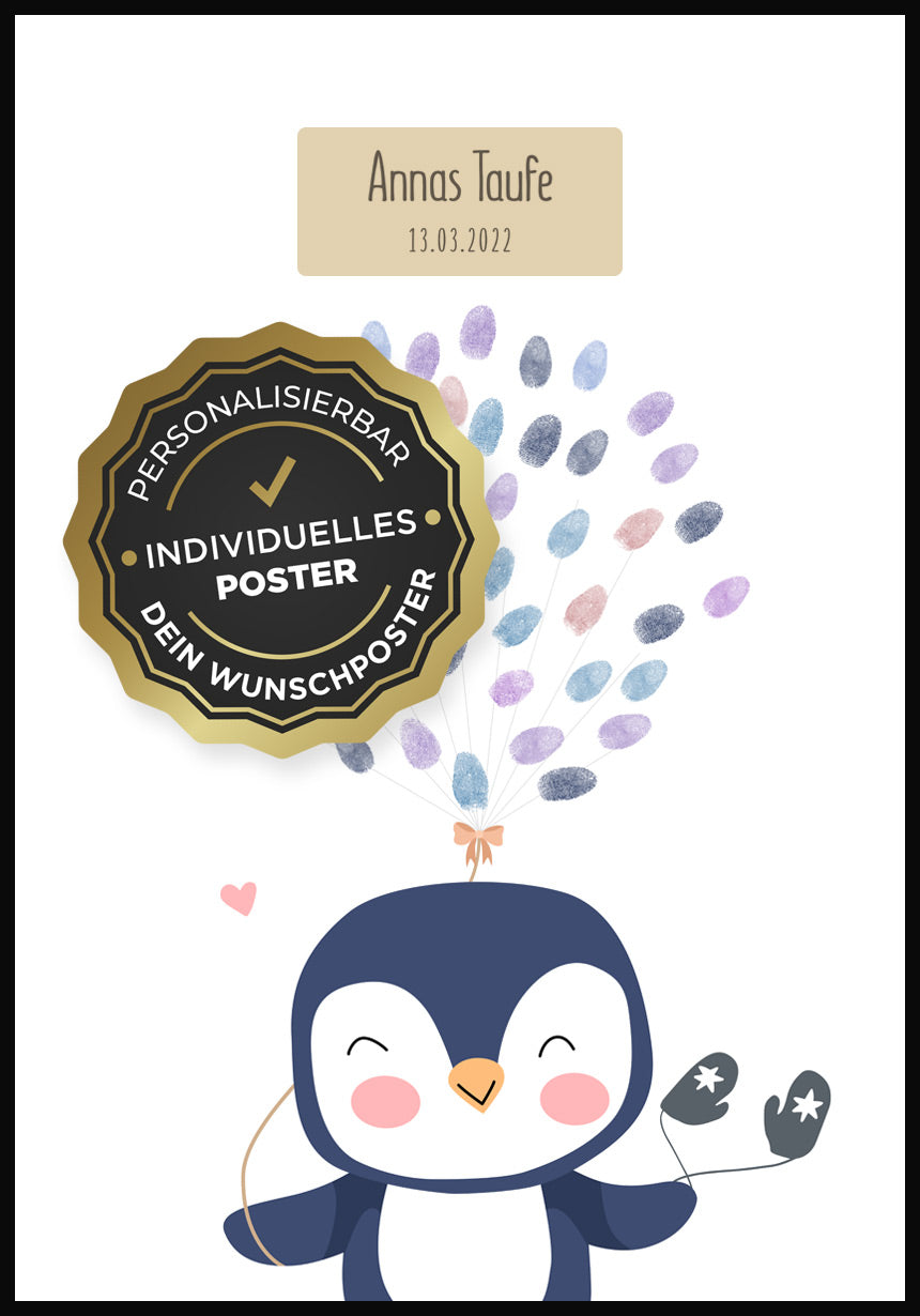 Fingerabdruck Poster Taufe Pinguin personalisierbare Flächen