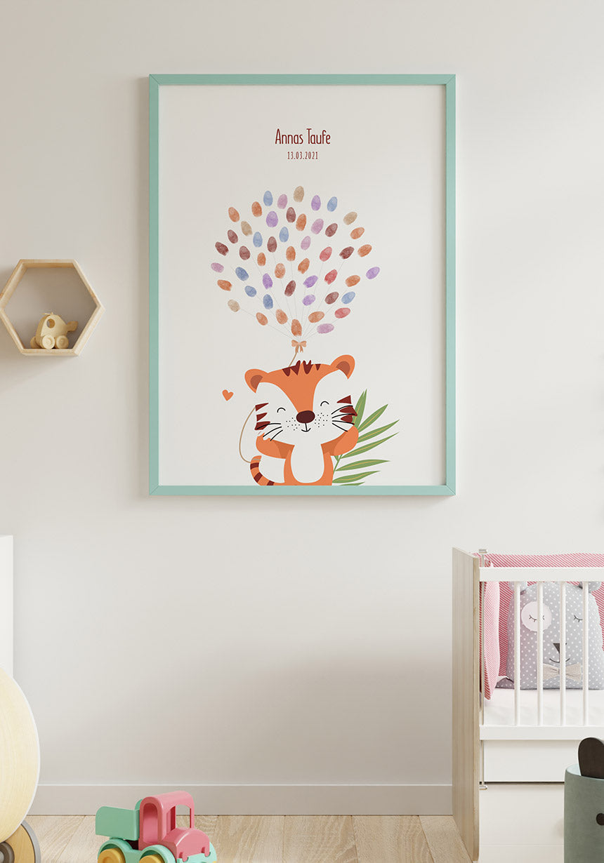 Personalisierbares Poster Fingerabdruck Tiger im blauen Rahmen