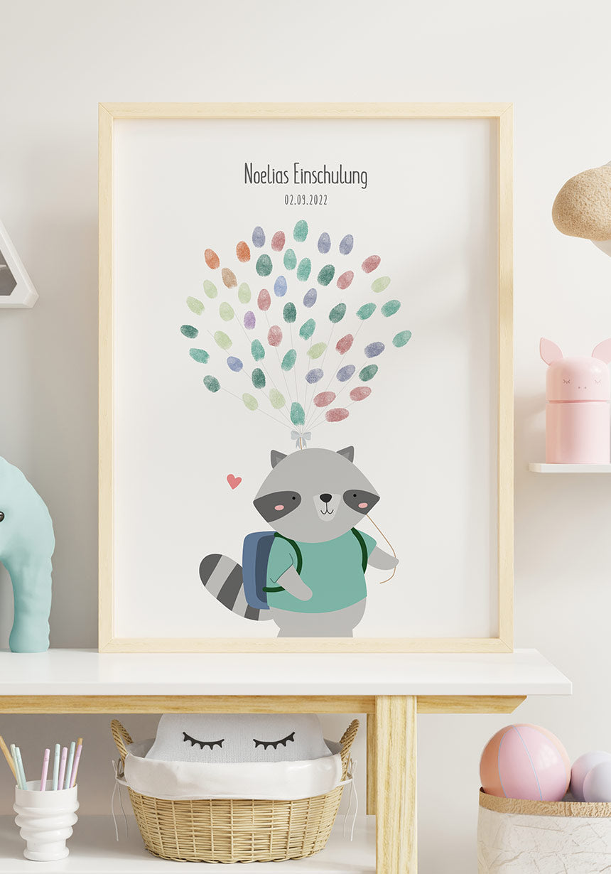 Poster Fingerabdruck Einschulung Waschbär im Holzrahmen