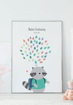 Poster Fingerabdruck Einschulung Waschbär im silbernen Rahmen