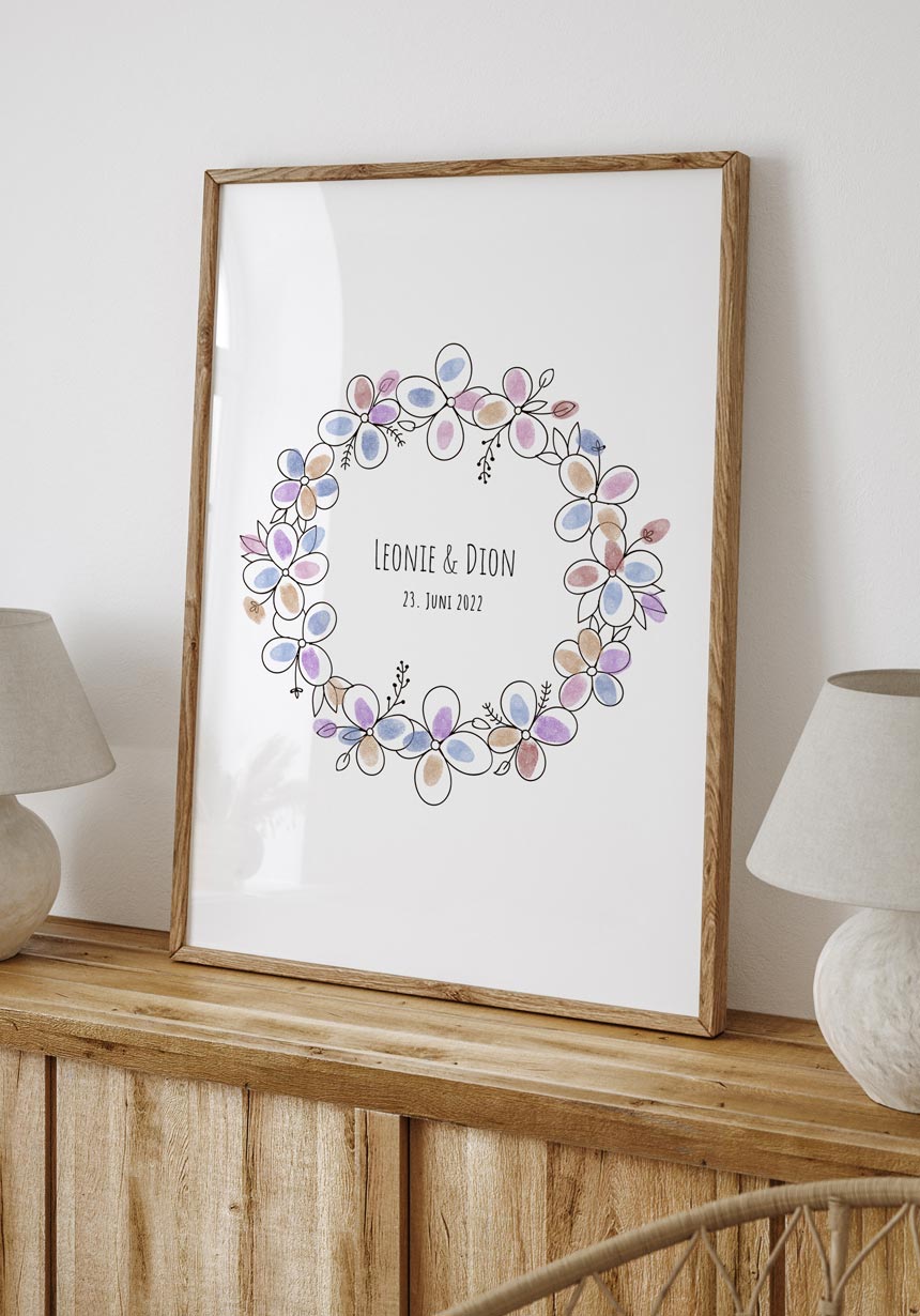 Fingerabdruck-Poster Blumenkranz personalisiert Taufe