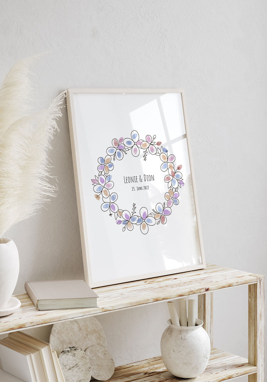 Fingerabdruck-Poster Blumenkranz personalisiert Geburtstag