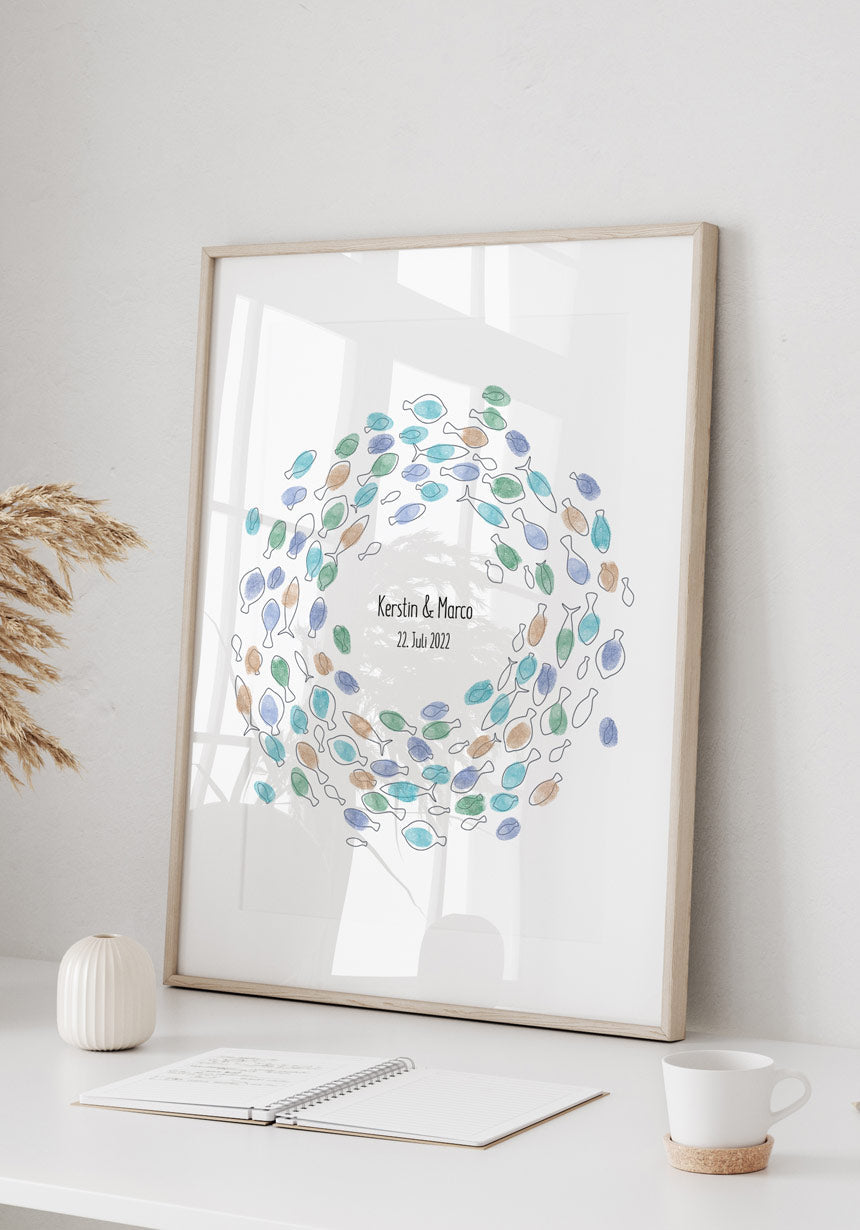Fingerabdruck Fische im Kreis - Personalisiertes Poster Taufe