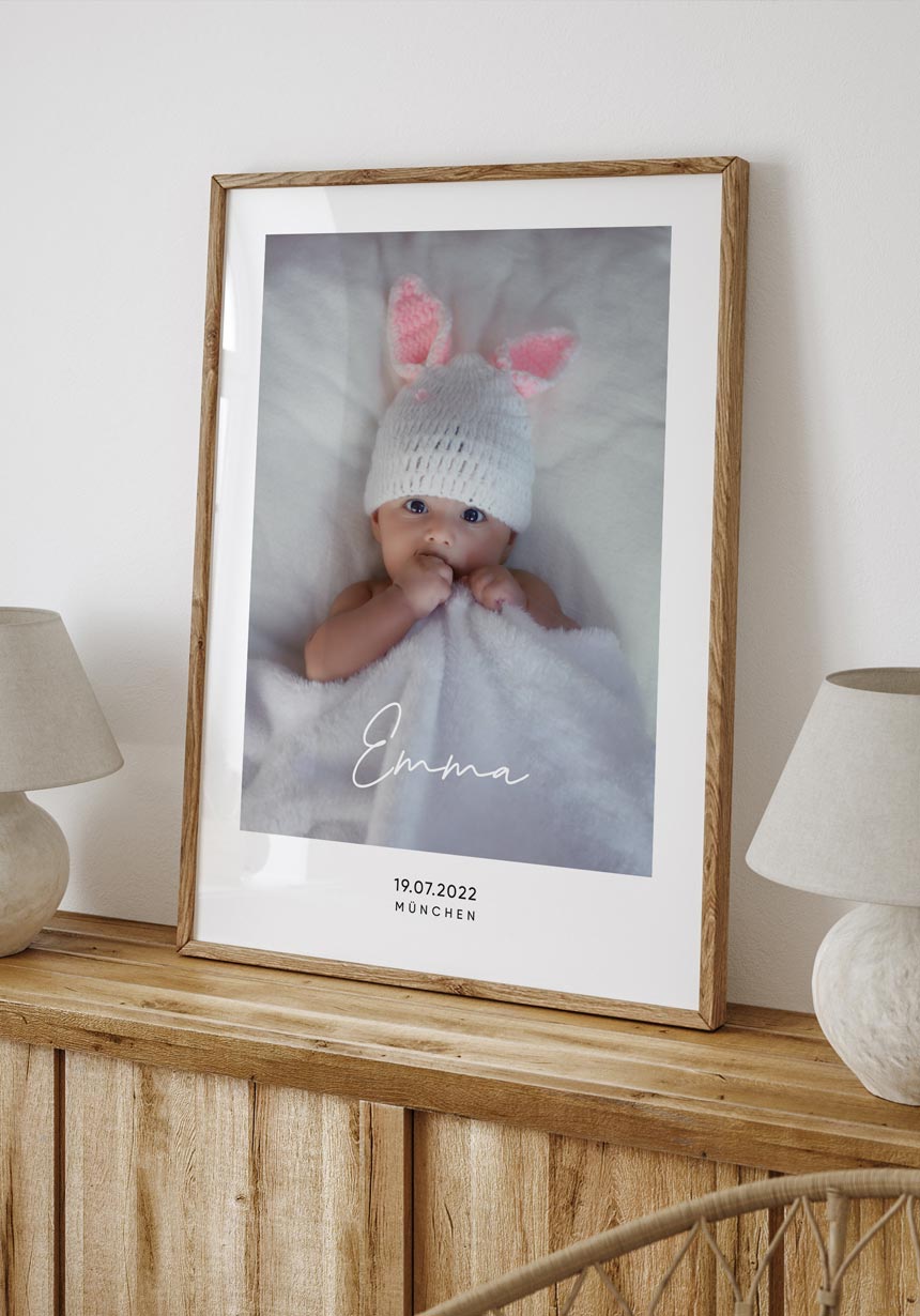 Personalisiertes Baby-Geburtsposter mit Bild und Namen und Datum