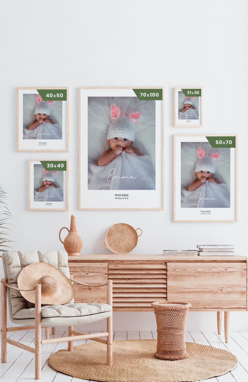 Personalisiertes Baby-Geburtsposter mit Bild und Namen Postergrößen