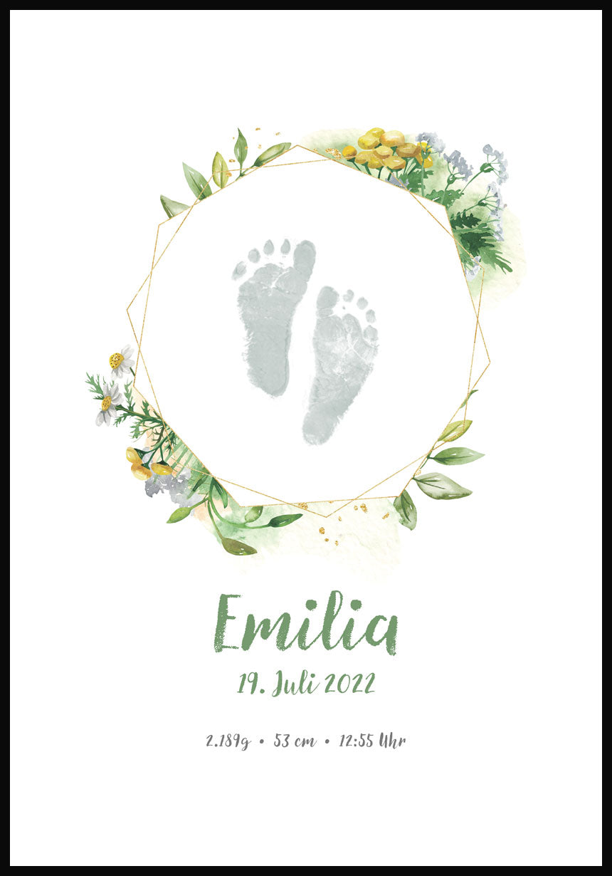 Personalisiertes Fußabdruck-Geburtsposter mit Blumen