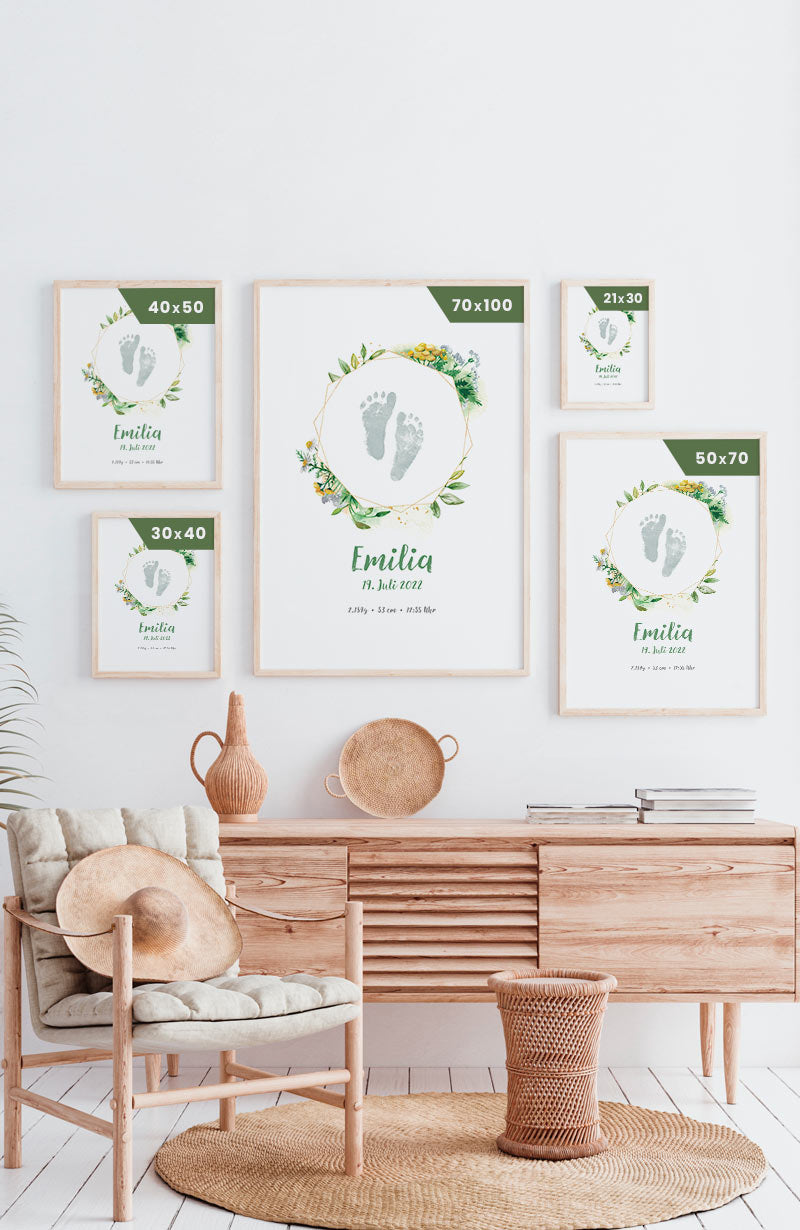 Personalisiertes Fußabdruck-Geburtsposter mit Blumen Postergrößen
