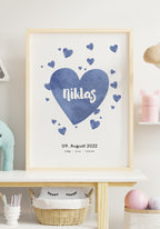 Personalisiertes Baby-Geburtsposter mit Herzen und Namen Geschenk Blau