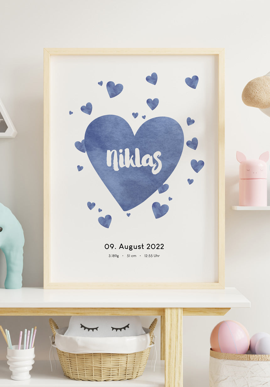 Personalisiertes Baby-Geburtsposter mit Herzen und Namen Geschenk Blau